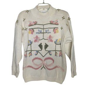 Shenanigans long sleeve Vintage Floral Bow Ivory Pastel‎ colored Sweater size M